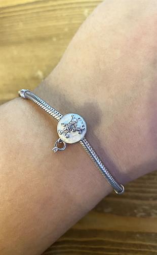 Kadın Mickey ve Minnie Mouse Model Tektaş Yüzük Detay Gümüş Charm 