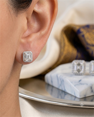 Kadın Moissanite Kare Taş ve Etrafı Sıralı Taş Detay Gümüş Küpe 
