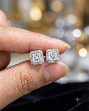 Kadın Moissanite Kare Tek Taş Model Etrafı Sıralı Taş Detay Gümüş Küpe 