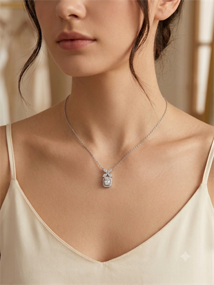 Kadın Moissanite Taş Detay Kare Tektaş ve Çiçek Model Gümüş Kolye 