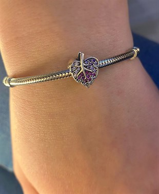 Kadın Mor Taşlı Yaprak Model Gümüş Charm