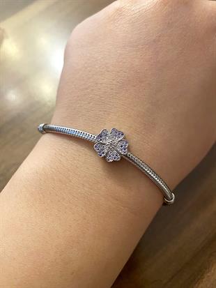 Kadın Mor ve Pembe Taş Detay Çiçek Gümüş Charm 