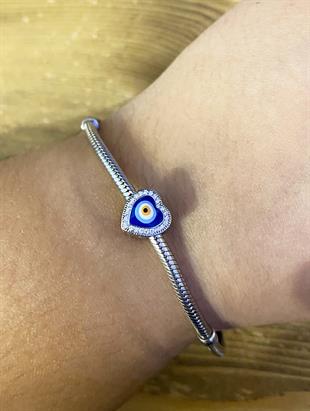 Kadın Nazar Boncuğu Model Kalp Detay Taşlı Gümüş Charm 