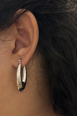 Kadın Oval Silver Renk Gümüş Küpe