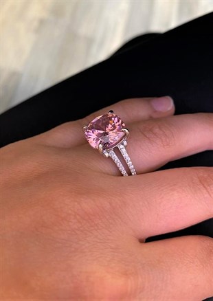 Kadın Pembe Büyük Taş Detay Gümüş Yüzük 