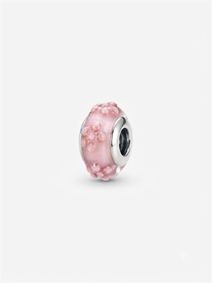 Kadın Pembe Çiçek  Desenli Murano Model Gümüş Charm