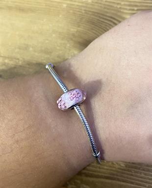 Kadın Pembe Çiçek  Desenli Murano Model Gümüş Charm