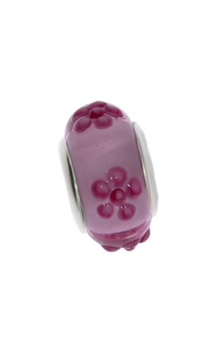 Kadın Pembe Çiçek  Desenli Murano Model Gümüş Charm
