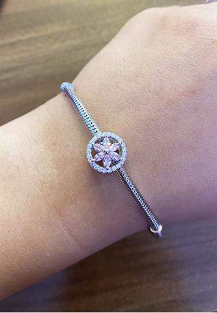 Kadın Pembe Çiçek Model Taşlı Gümüş Charm