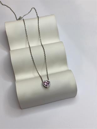 Kadın Pembe Kalp Model Gümüş Kolye