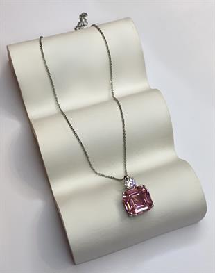 Kadın Pembe Kare Taşlı Çelik Kolye