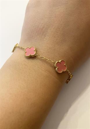 Kadın Pembe Renk Küçük Yonca Model Çelik Bileklik