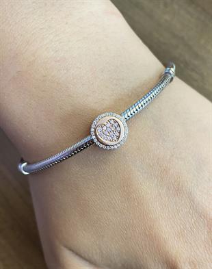 Kadın Pembe Taşlı Kalp Detay Gümüş Charm