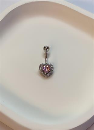 Kadın Pembe Taşlı Kalp Model Çelik Piercing