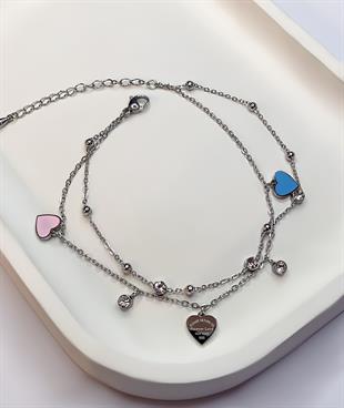 Kadın Pembe ve Mavi Kalp Detay Çelik Halhal 