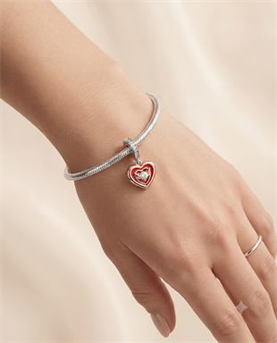 Kadın Rose Kalp ve Tektaş Detay Sallantılı Gümüş Charm