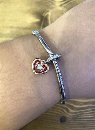 Kadın Rose Kalp ve Tektaş Detay Sallantılı Gümüş Charm