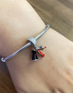 Kadın Ruj Topuklu Ayakkabı ve Elbise Model Gümüş Charm