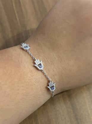 Kadın Sıralı Fatma Ana Eli Model Gümüş Bileklik 