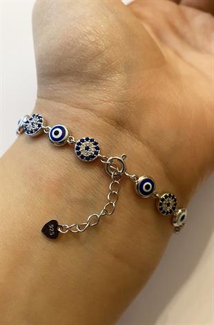 Kadın Sıralı Nazar Boncuğu Model Taşlı Gümüş Bileklik 