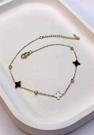 Kadın Siyah Beyaz Çiçek Model Taş Detay Çelik Halhal