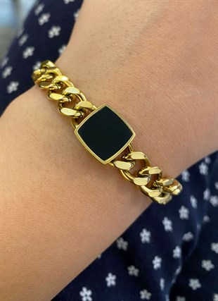 Kadın Siyah Kare Detay Çelik Zincir Bileklik