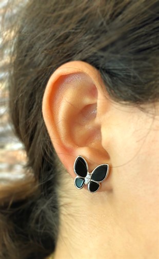 Kadın Siyah Renk Kelebek Model Gümüş Küpe