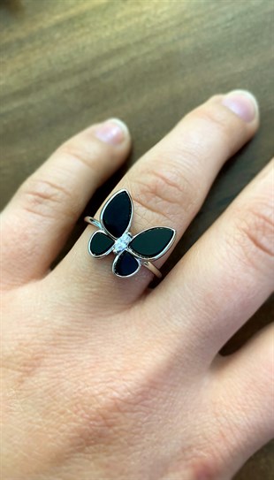 Kadın Siyah Renk Kelebek Model Gümüş Yüzük