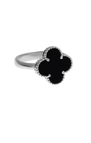 Kadın Siyah Renk Yonca Model Gümüş Yüzük