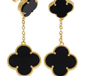 Kadın Siyah Renk Yonca Model İkili Çelik Küpe 