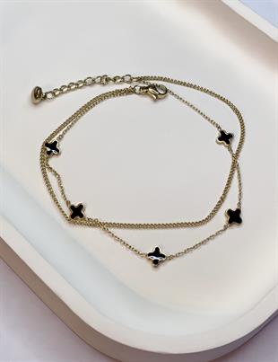 Kadın Siyah Yonca Detay İkili Zincir Çelik Halhal