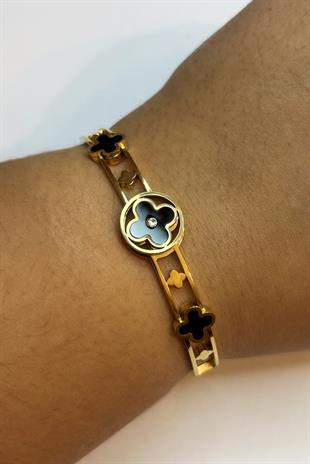 Kadın Siyah Yonca Model Çelik bilezik