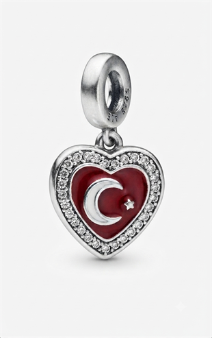 Kadın Taş Detay Sallantılı Kalp İçinde Türk Bayrağı Model Gümüş Charm