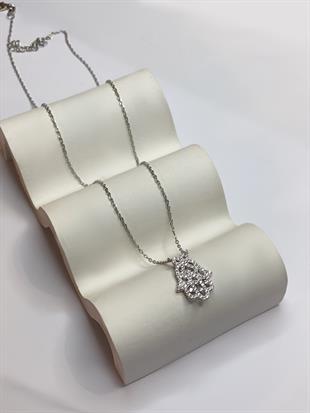 Kadın Taşlı Fatma Ana Eli Model Gümüş Kolye