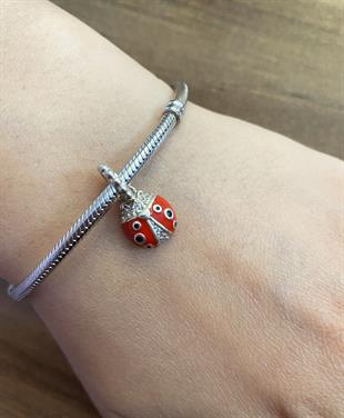 Kadın Taşlı Kırmızı Uğur Böceği Model Gümüş Charm