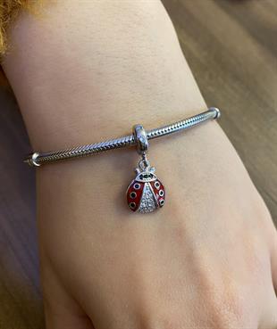 Kadın Taşlı Uğur Böceği Model Gümüş Charm