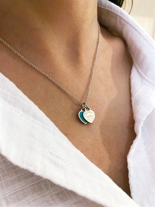 Kadın Turkuaz Renk Detay Kalp Model Gümüş Kolye