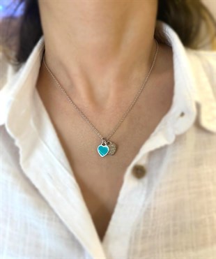 Kadın Turkuaz Renk Detay Kalp Model Gümüş Kolye