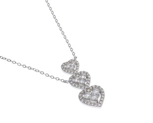 Kadın Üç Kalp Taşlı Gümüş Kolye