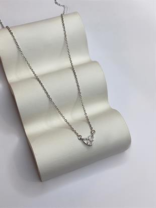 Kadın Üç Taşlı Kalp Model Gümüş Kolye