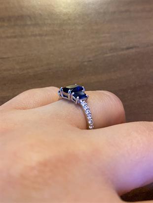 Kadın Üçlü Mavi Taş Model Gümüş Yüzük