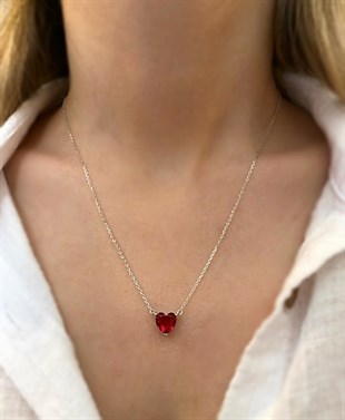 Kadın Yakut Renk Kalp Model Gümüş Kolye