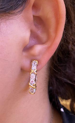 Kadın Yarım Halka Gold Renk Çarpı Detay Gümüş Küpe