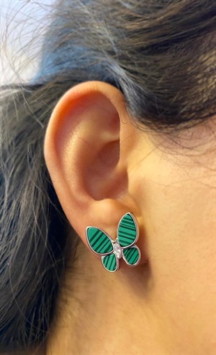 Kadın Yeşil Renk Kelebek Model Gümüş Küpe