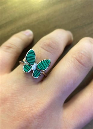 Kadın Yeşil Renk Kelebek Model Gümüş Yüzük
