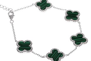 Kadın Yeşil Renk Sıralı Yonca Model Gümüş Bileklik