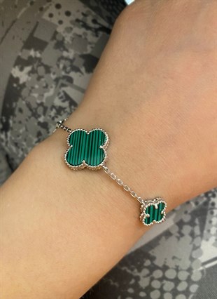 Kadın Yeşil Renk Üçlü Yonca Model Gümüş Bileklik