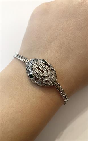 Kadın Yeşil Taş Detay Yılan Model Çelik Bileklik