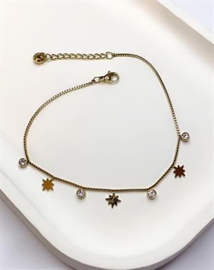 Kadın Yıldız ve Tektaş Model Gold Renk Çelik Halhal