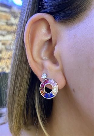 Kadın Yuvarlak Model Renkli Taşlı Gümüş Küpe